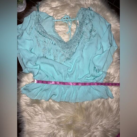 Petrol fringe batwinged blouse sz large - Picture 5 of 8